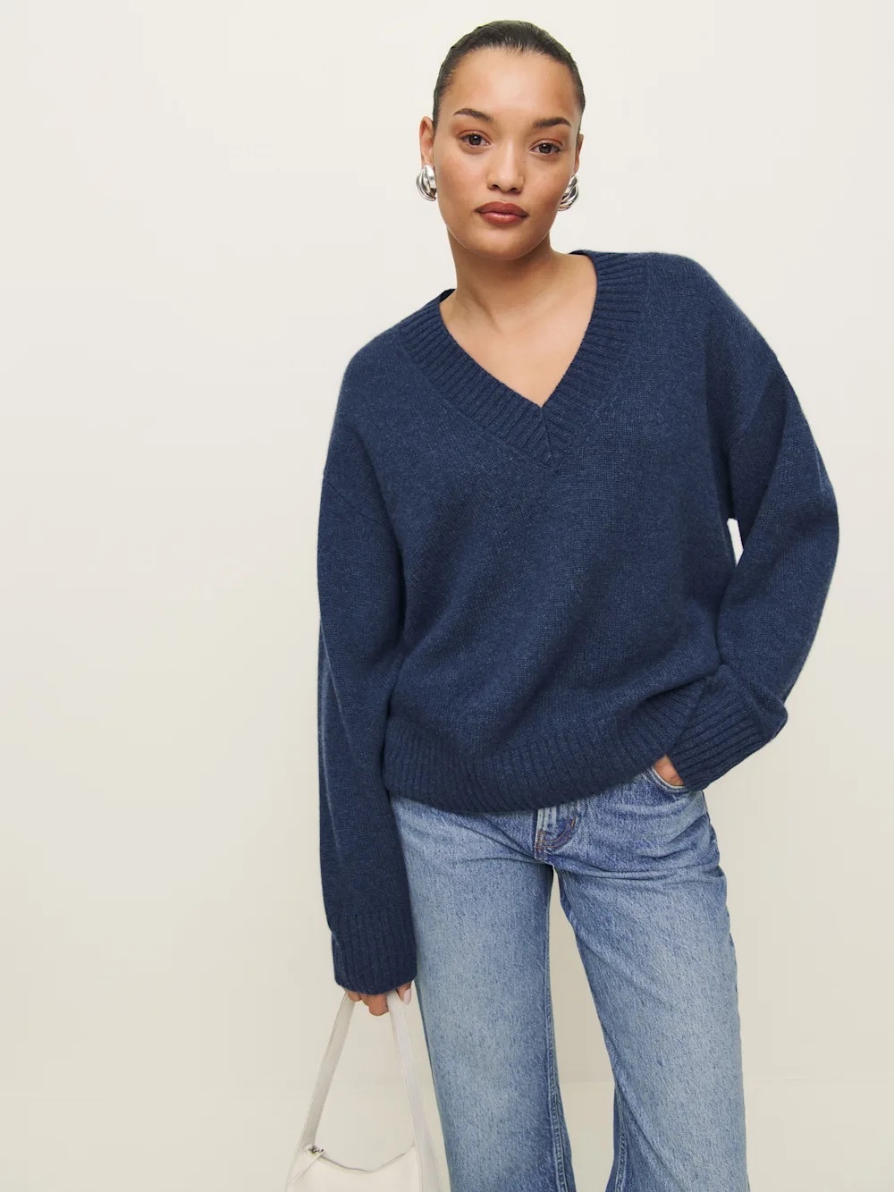 Reformation Jadey Cashmere Oversized V-Neck Sweater Blue Small